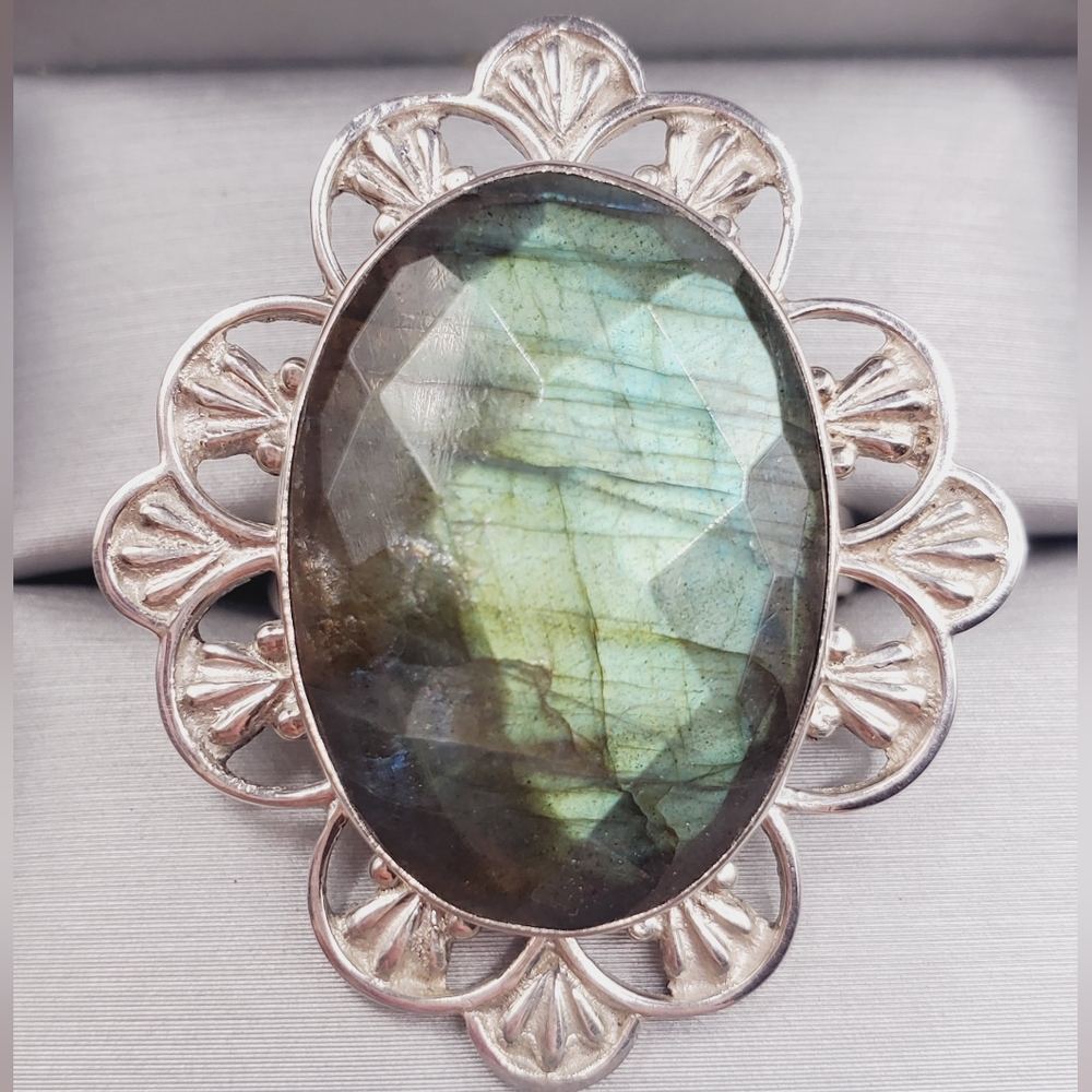 925 Sterling Silver Ring Blue Green Labradorite Ring Statement Ring Faceted Ring